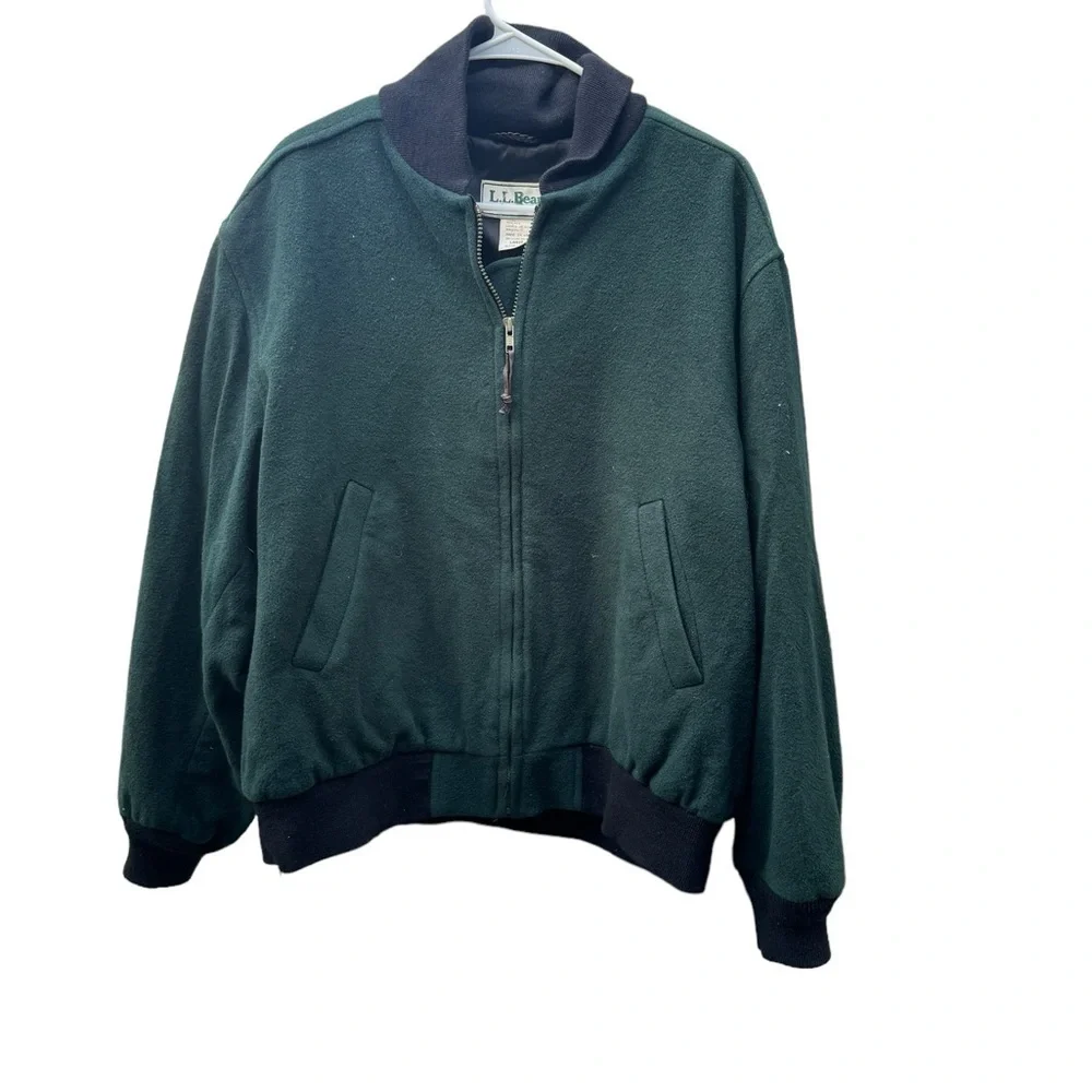 Vtg L.L. Bean 100% Wool Bomber Jacket Spruce Green Full Zip Lined USA Large